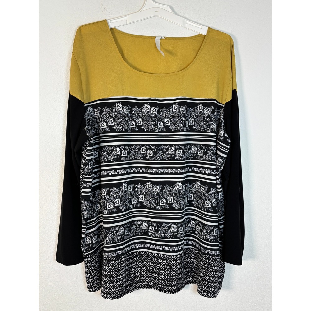NY Collection Woman Blouse Mustard Yellow Black White Mixed Print Long Sleeve XL